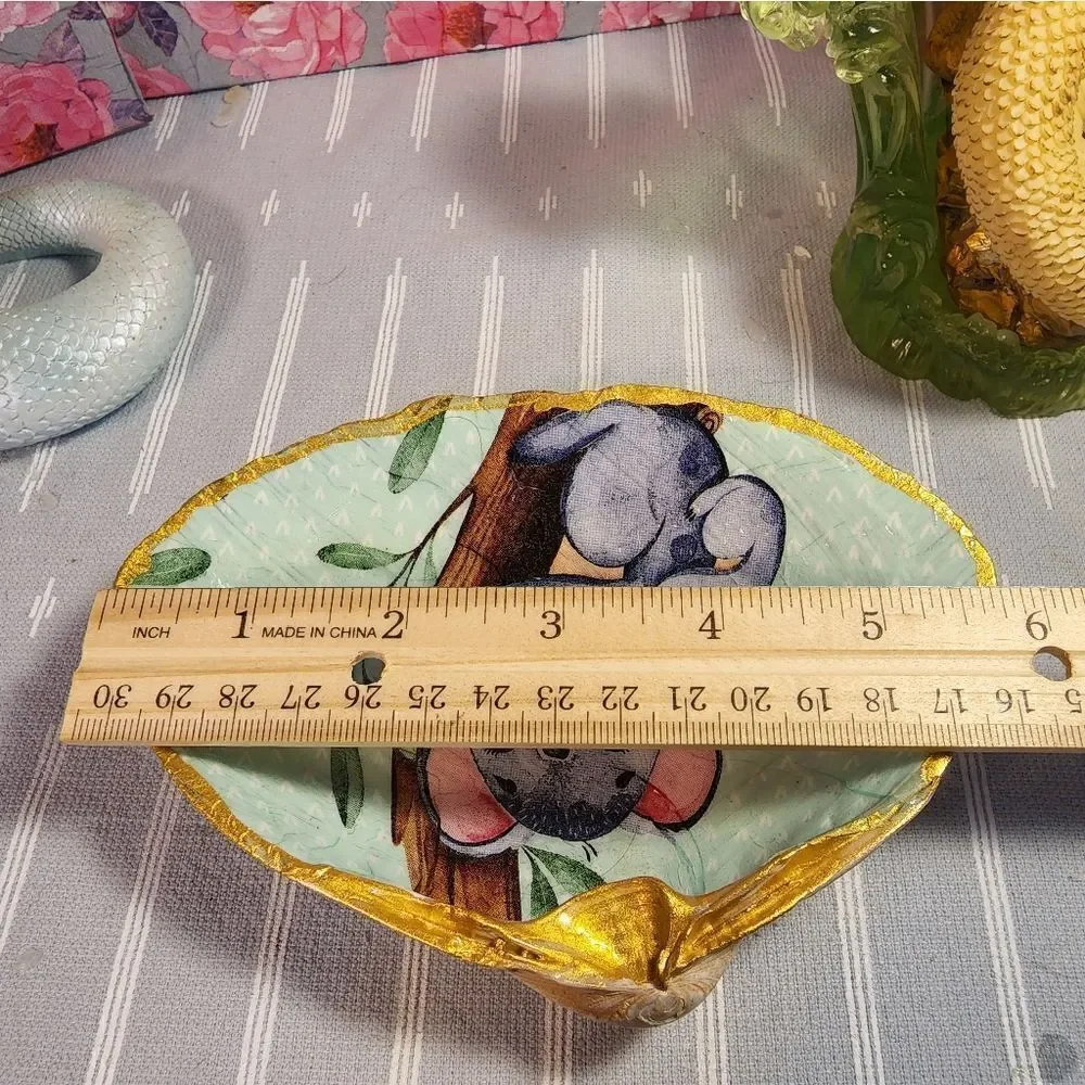 DECOUPAGE CLAM SHELL DECOUPAGE TRINKET DISH WITH KOALA BEAR AND BABY